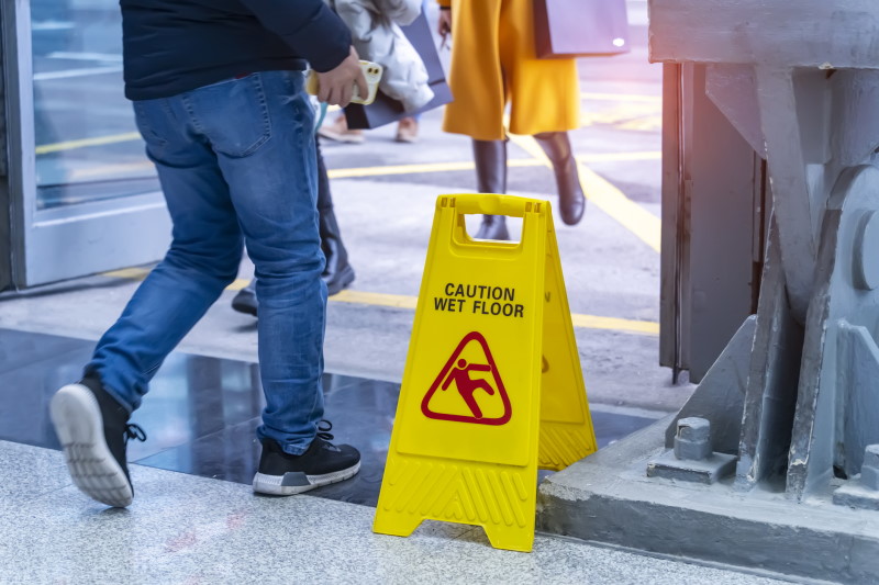 Caution wet floor sign on wet floor